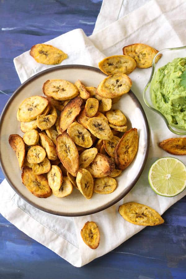 Air Fryer Plantain Chips with Creamy Guacamole