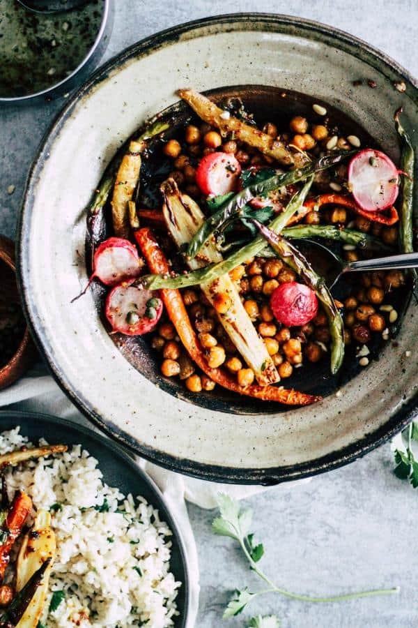 Chickpea Sheet Pan Dinner with Maple Thyme Mustard Vinaigrette