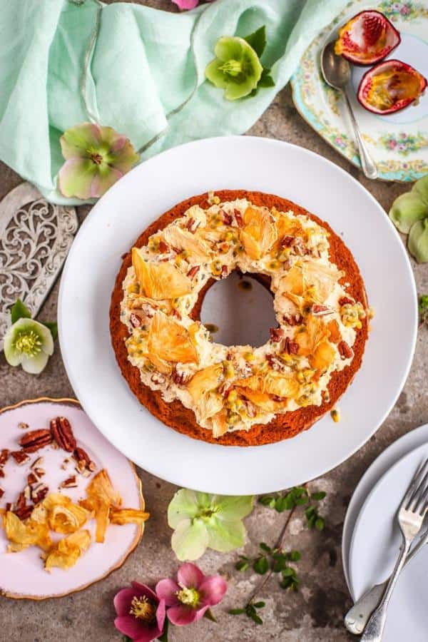 Hummingbird Cake with Passion Fruit Cream Cheese Icing (Gluten-Free)